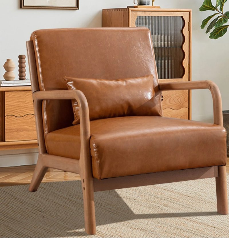 inzoy mid century modern accent chair with wood frame, pu leather reading armchair with waist cushion, upholstered living room chairs for bedroom sunroom (camel)
