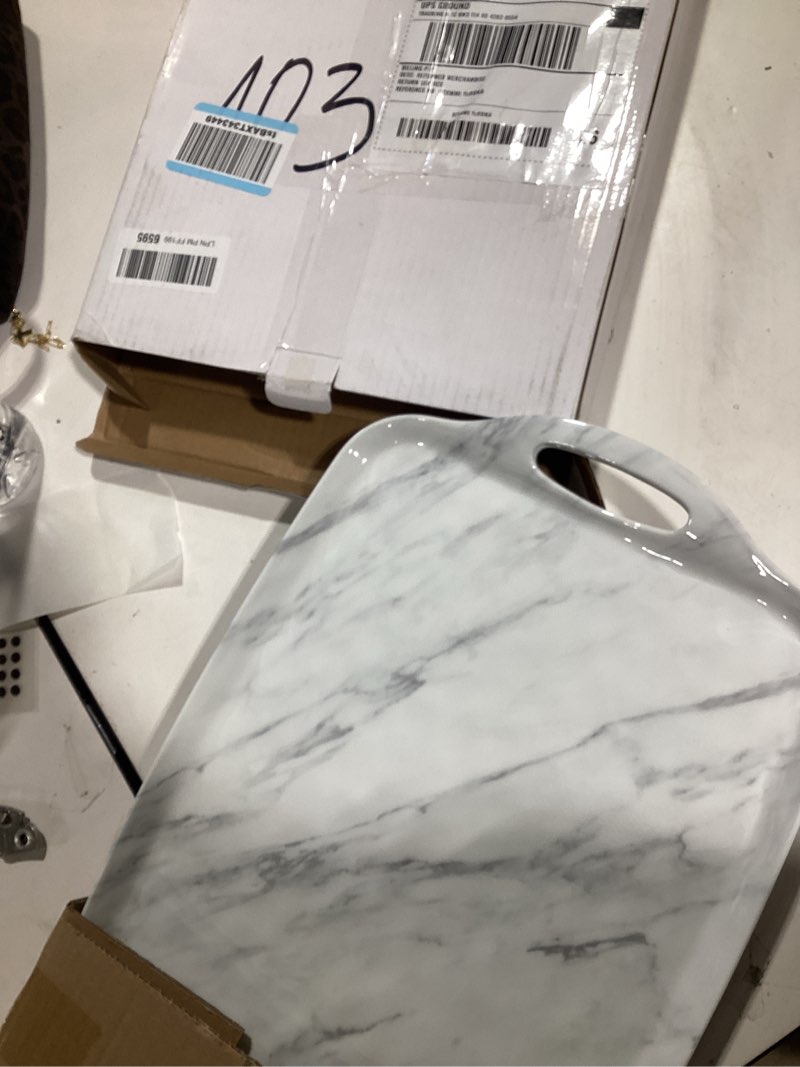 Condition photo showing New/Like New for tp large serving trays with handles, 19" x 12" melamine serving platters for food, turkey, set of 2 rectangular trays for party, white marble 19" x 12" white marble