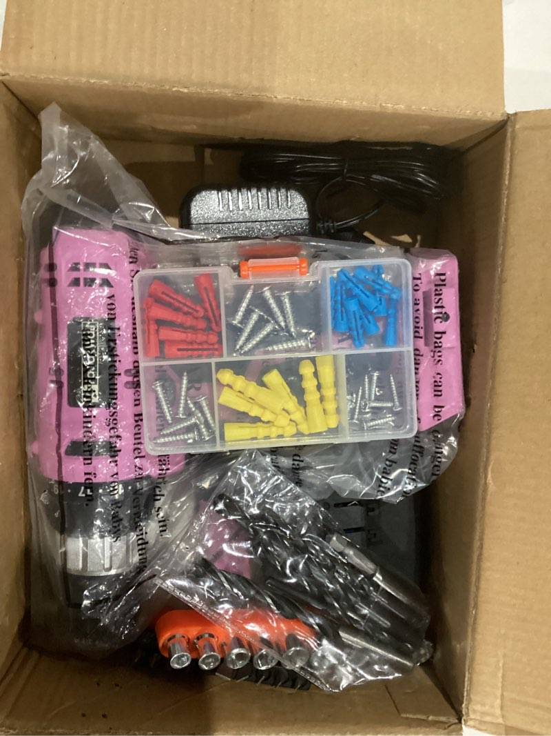 Condition photo showing As Is for FADAKWALT Cordless Drill Set, 20V Electric Power Drill With Battery And Charger, 30N Torque, 21+1 Settings, 3/8-Inch Keyless Chuck, Driver Bits Kit, LED Light (Pink)