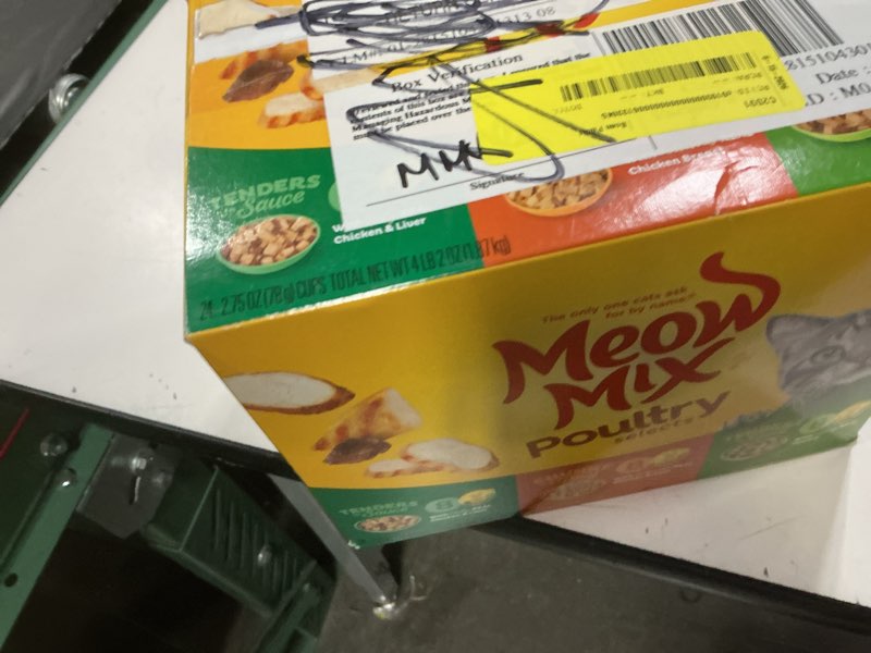 Condition photo showing New/Like New for (bbd 07/02/27)  meow mix poultry selections variety pack, wet cat food, 2.75 oz cup (24 pack) variety pack: poultry selections 2.75 ounce (pack of 24)