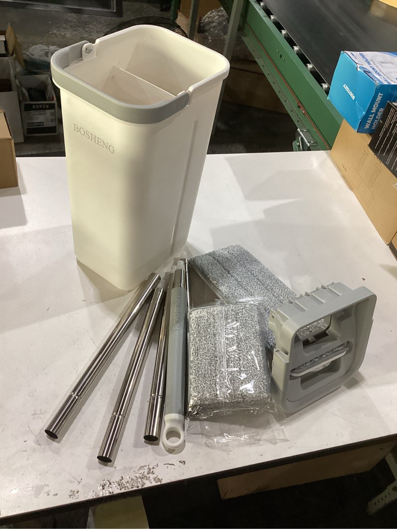 Condition photo showing Good Condition for bosheng mop and bucket with wringer set, hands free flat floor mop and bucket, 3 washable microfiber pads included, wet and dry use, home floor cleaning system for all floor types and windows white mop and bucket set with 3 pads