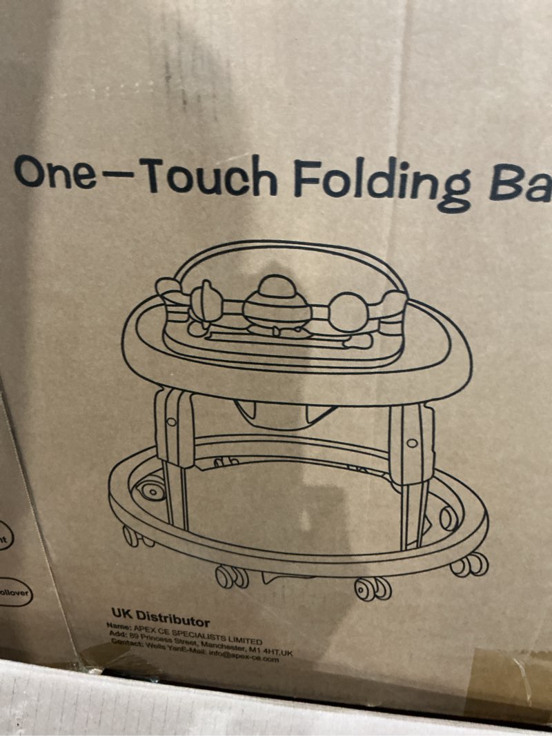 Condition photo showing As Is for one-touch folding baby walker, 6-18 months