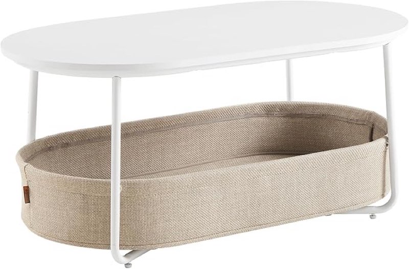 VASAGLE Oval Coffee Table with Storage Space Side Table Living Room Table with Fabric Basket Modern Metal Frame Matt White Camel LCT222W10