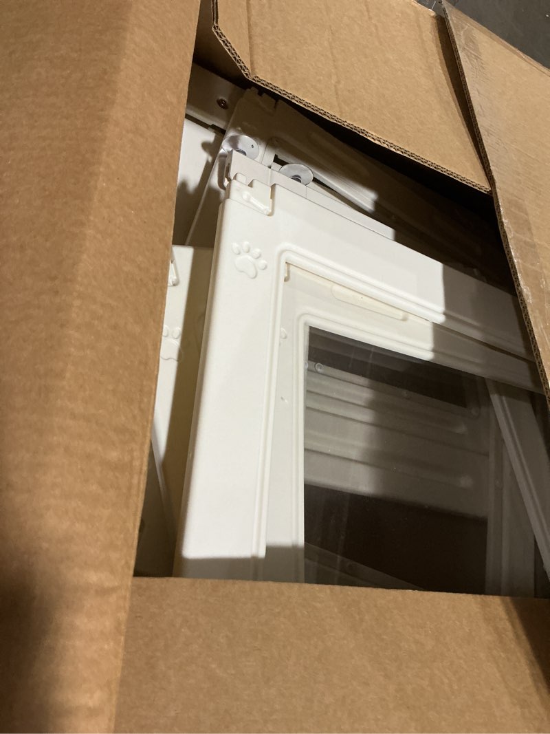 Condition photo showing As Is for clear acrylic dog playpen with door,23.6" puppy playpen,easy assemble pet fence,10-panel for puppies/small dog play pen indoor (white, 23.6 inch-h, 10 panel) white-10 10 panel 23.6 inch-h