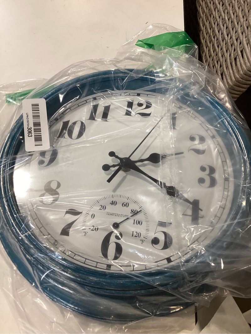 Condition photo showing Good Condition for jenlystime 12 inch indoor/outdoor retro waterproof wall clock with thermometer silent round quartz battery operated easy to read decorative for kitchen patio,bathroom,deck,porch,pool(blue) 12 blue