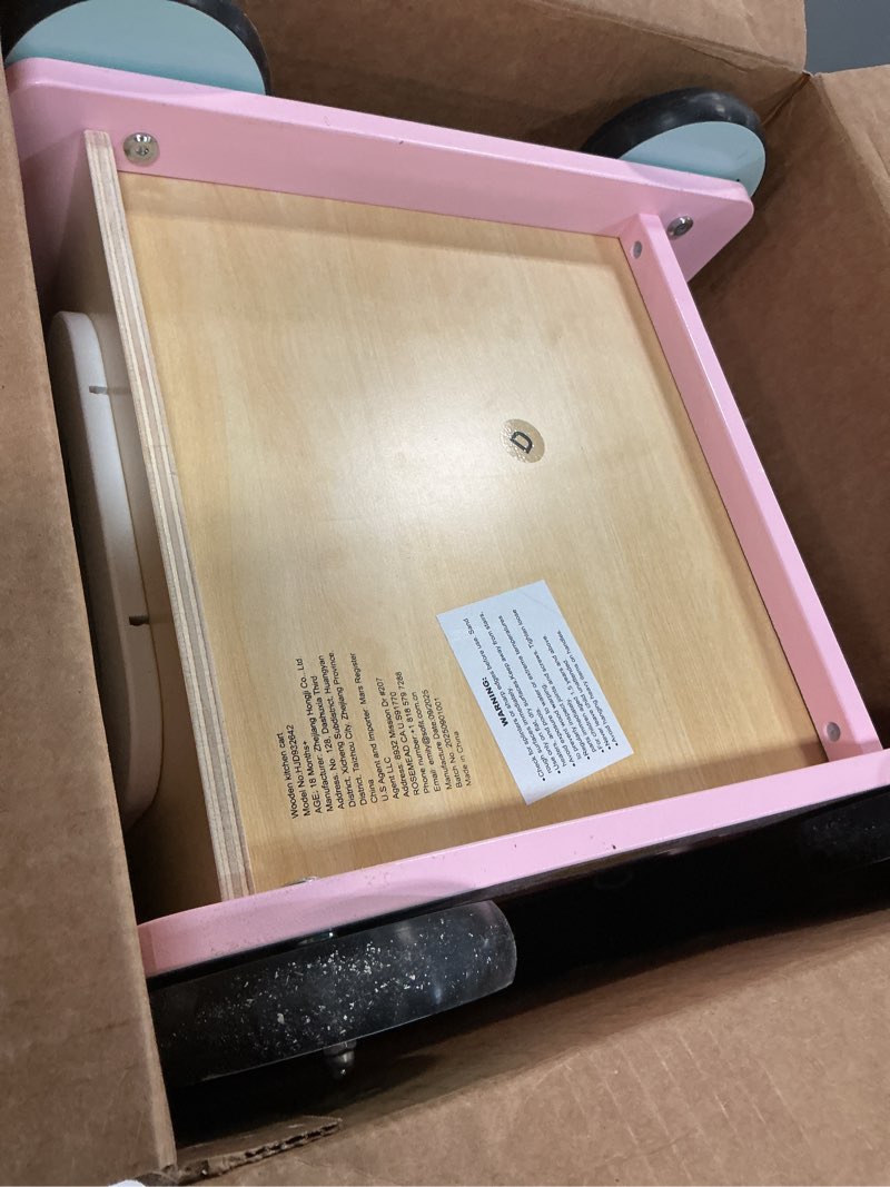 Condition photo showing As Is for wiqins Wooden Baby Walker 9-in-1 Activity Center with Toddlers Montessori Sensory Toys and Play Kitchen Push Walker for Kids with Wheels and Storage Space, Ideal Gift for Girls Boys Ages 6-36 Month