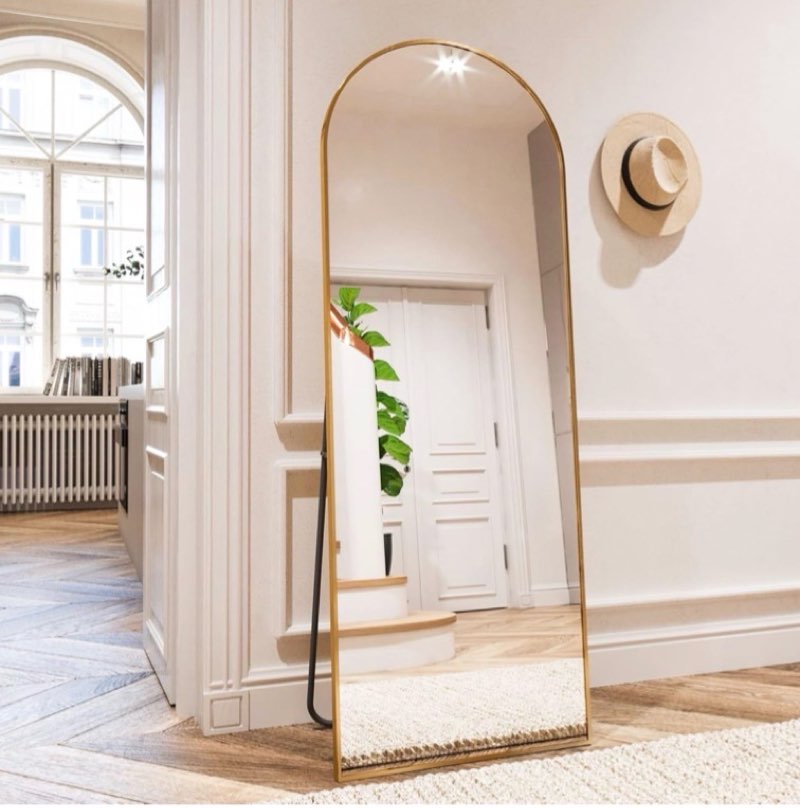 Arched Full Length Mirror Free Standing Leaning Hanging Mounted Mirror Aluminum Frame Modern Simple Home Decor for Living Room Bedroom Cloakroom, Gold