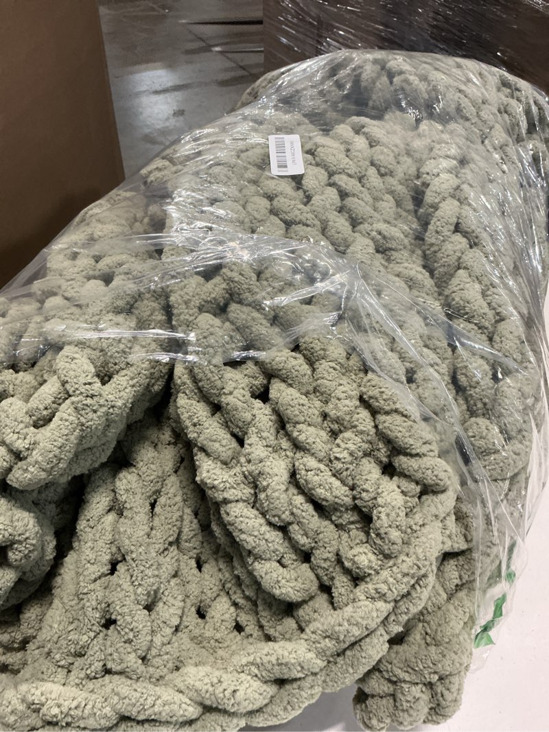 Condition photo showing As Is for Admitrack Chunky Knit Blanket Throw, 100% Hand Knit Chenille Throw Blanket for Sofa & Home Decor, Soft and Cozy Knitted Throw Blankets (Sage Green, 60"x80") Sage Green 60"×80"