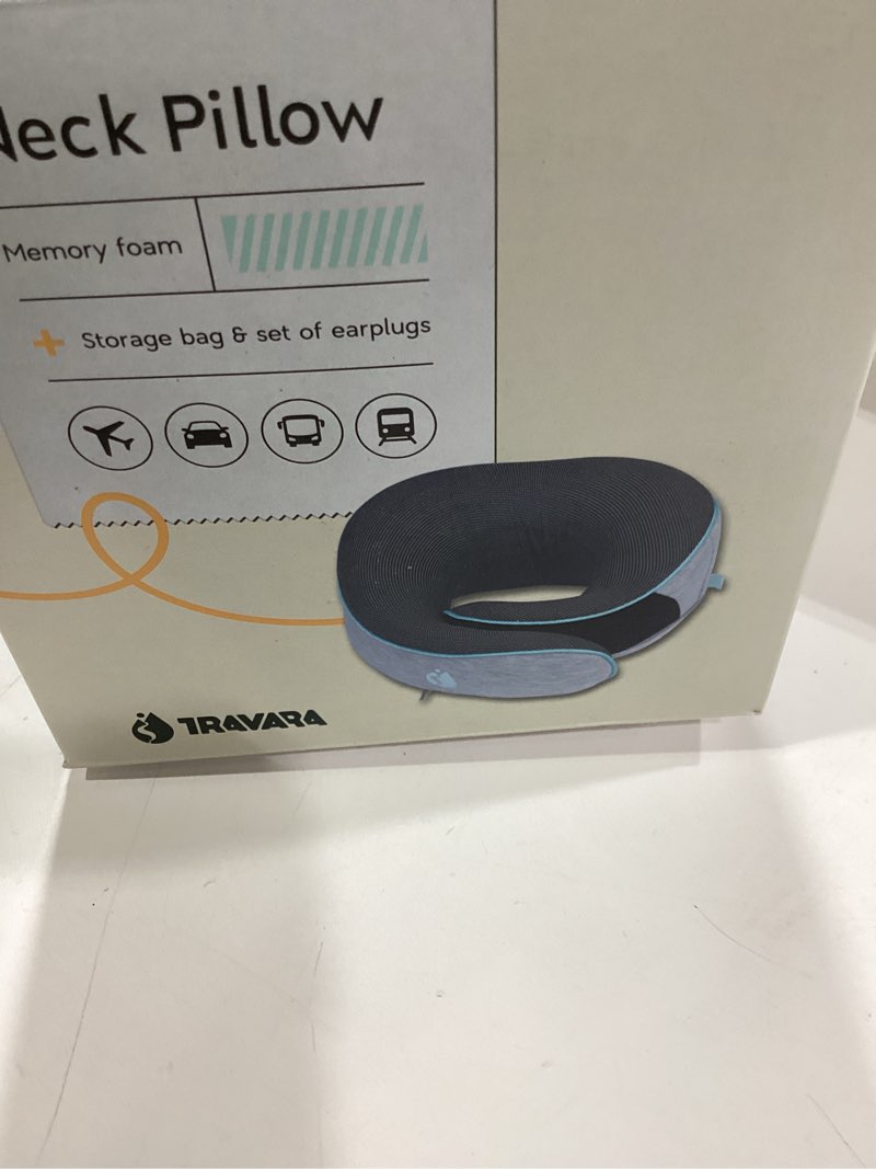 Condition photo showing New/Like New for travel neck pillow with 100% pure memory foam, g-shape, includes eye mask & ear plugs, ergonomic design for airplane, car & office, etc, beige gray
