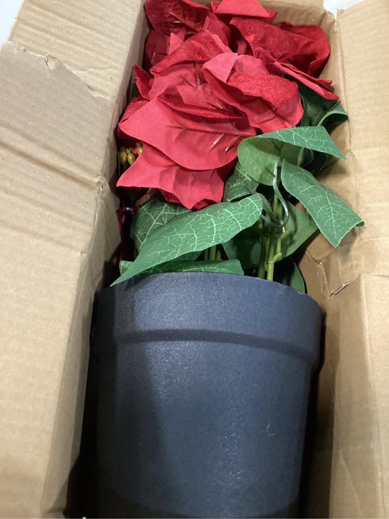Condition photo showing New/Like New for 16“ Artificial Poinsettias Flowers for Outdoors Red Faux Christmas Poinsettia Plant 11 Heads Winter Flowers for Front Porch Garden Yard Patio Decor