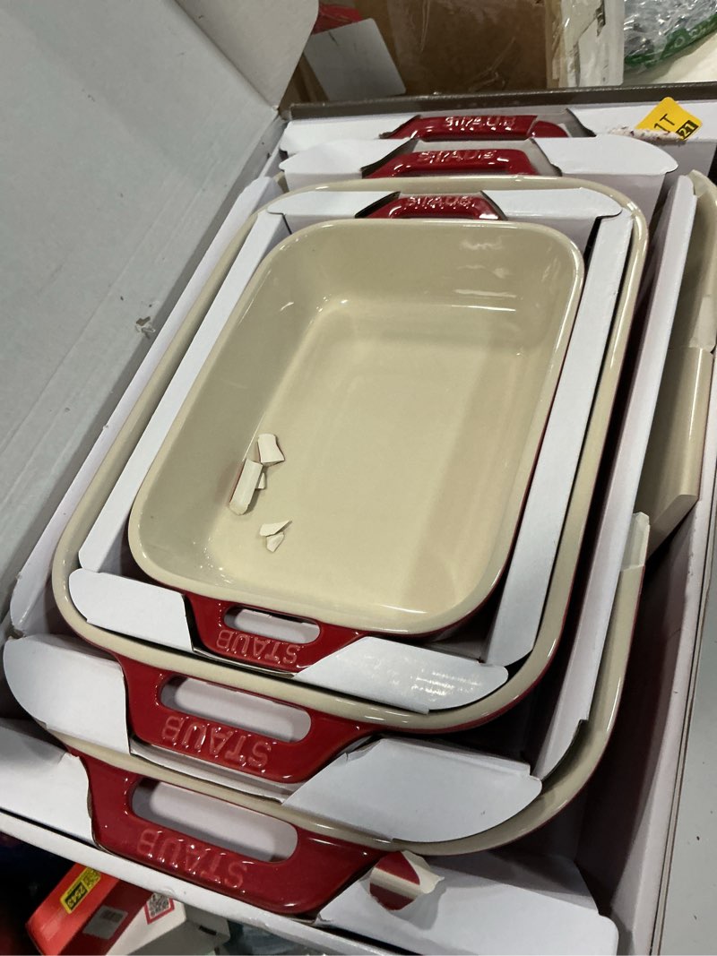 Condition photo showing As Is for STAUB Ceramic 3-pc Rectangular Baking Dish Set, Cherry 3-pc Cherry