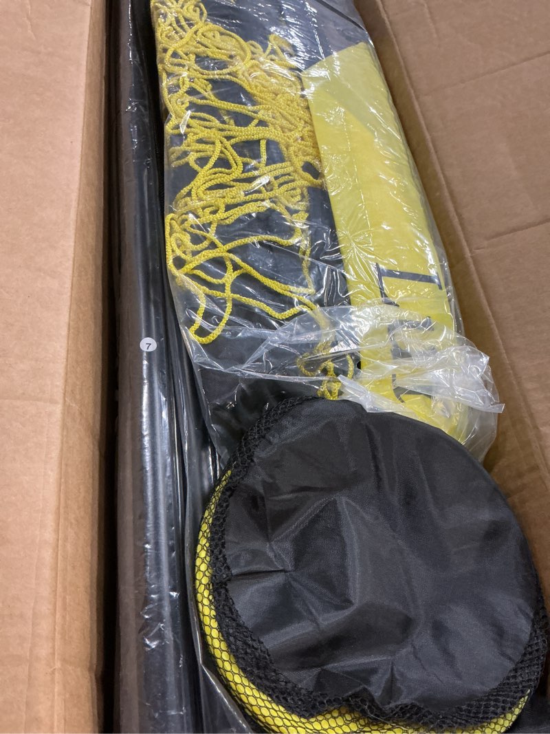 Condition photo showing New/Like New for soccer goal, 12×6 ft /16×7 ft portable soccer goals net for backyard, quick setup training equipment with 1 carry bag, 4 ground nails, 12 training cones 12×6ft black yellow