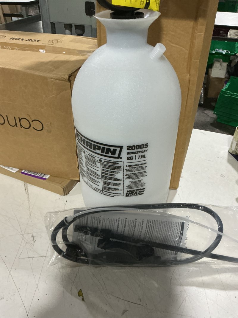 Condition photo showing As Is for chapin 2-gallon pump sprayer, reliable spray for daily use | lightweight tank; for home and garden use, for weed control, plant feeding and cleaning with adjustable nozzle and long hose