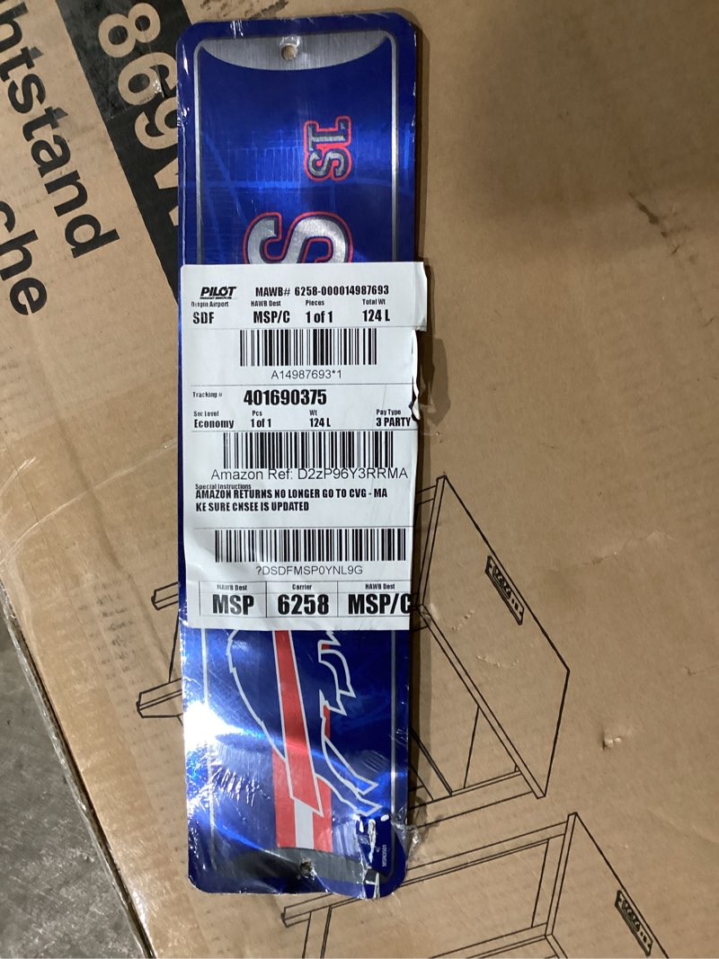 Condition photo showing As Is for rico industries nfl metal street sign metal street sign 4" x 15" home décor - bedroom - office - man cave buffalo bills