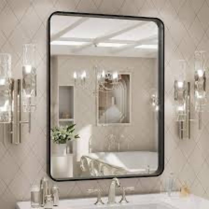LOAAO 24X32 Inch Black Metal Framed Bathroom Mirror for Wall, Matte Black Bathroom Vanity Mirror Far