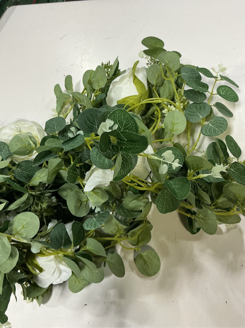 Condition photo showing As Is for 6.2 ft eucalyptus garland with flowers, artificial white roses greenery leaves vines for wedding table mantle party home decor