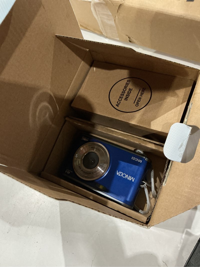 Condition photo showing Good Condition for minolta 48mp digital camera with rear selfie lens – 4k ultra hd video, 2.8" lcd screen, 16x digital zoom, autofocus, slow motion, time lapse, filters, scene modes, 32gb card included (blue)