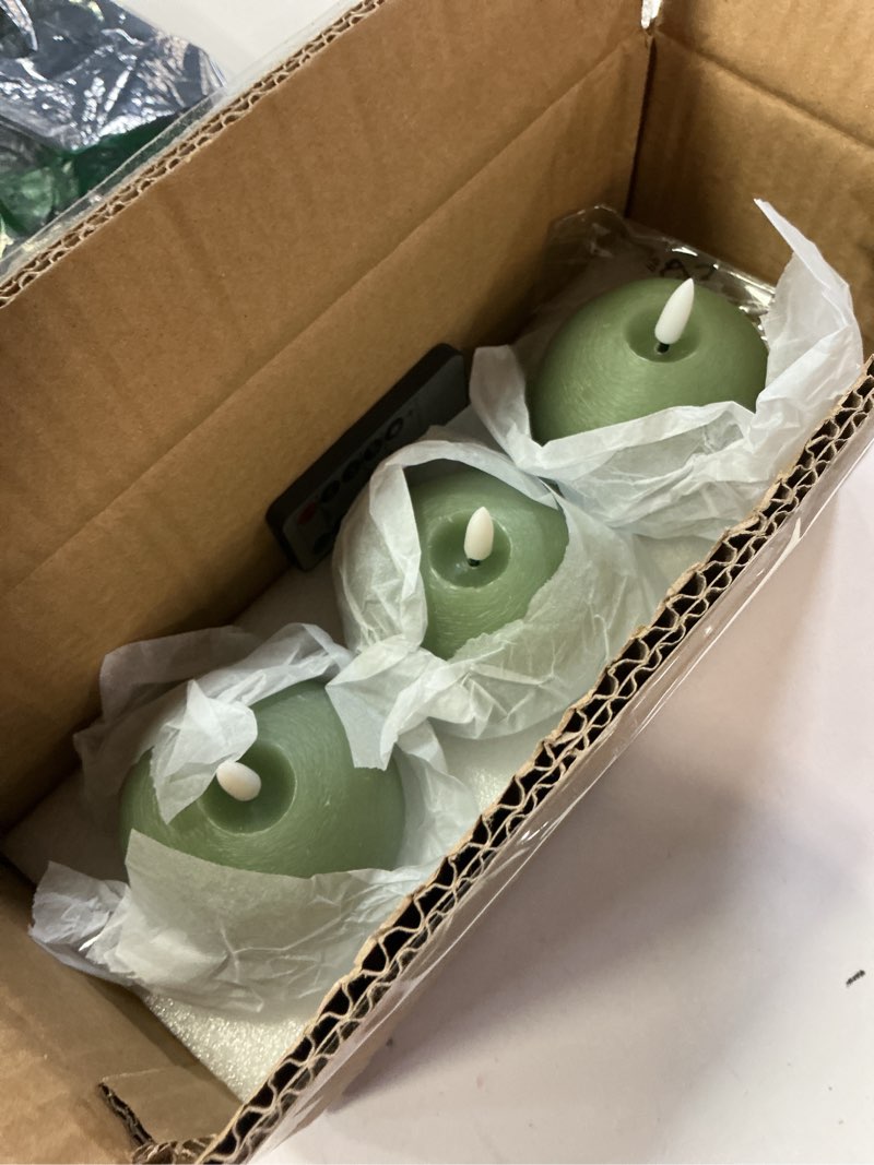 Condition photo showing Good Condition for Flameless Candles with Remote, Green Round Candles Ball LED Battery Operated Real Wax Candles Warm Light 3D Wick Flickering for Home Party Wedding Decor (Set of 3)