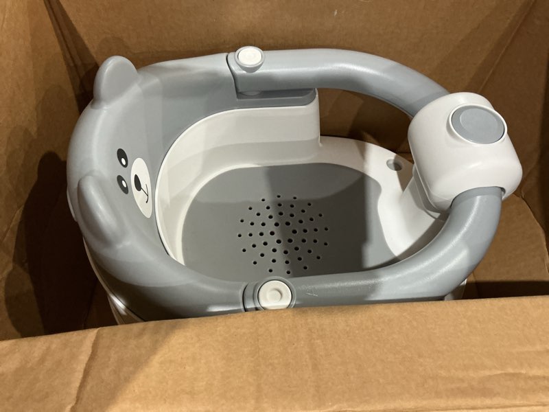 Condition photo showing As Is for baby bath seat for babies 6 months & up, non-slip toddler bath seats for babies sitting up, safe infant & newborn bathtub chair with 4 suction cups & soft cushion for shower,gray baby gray