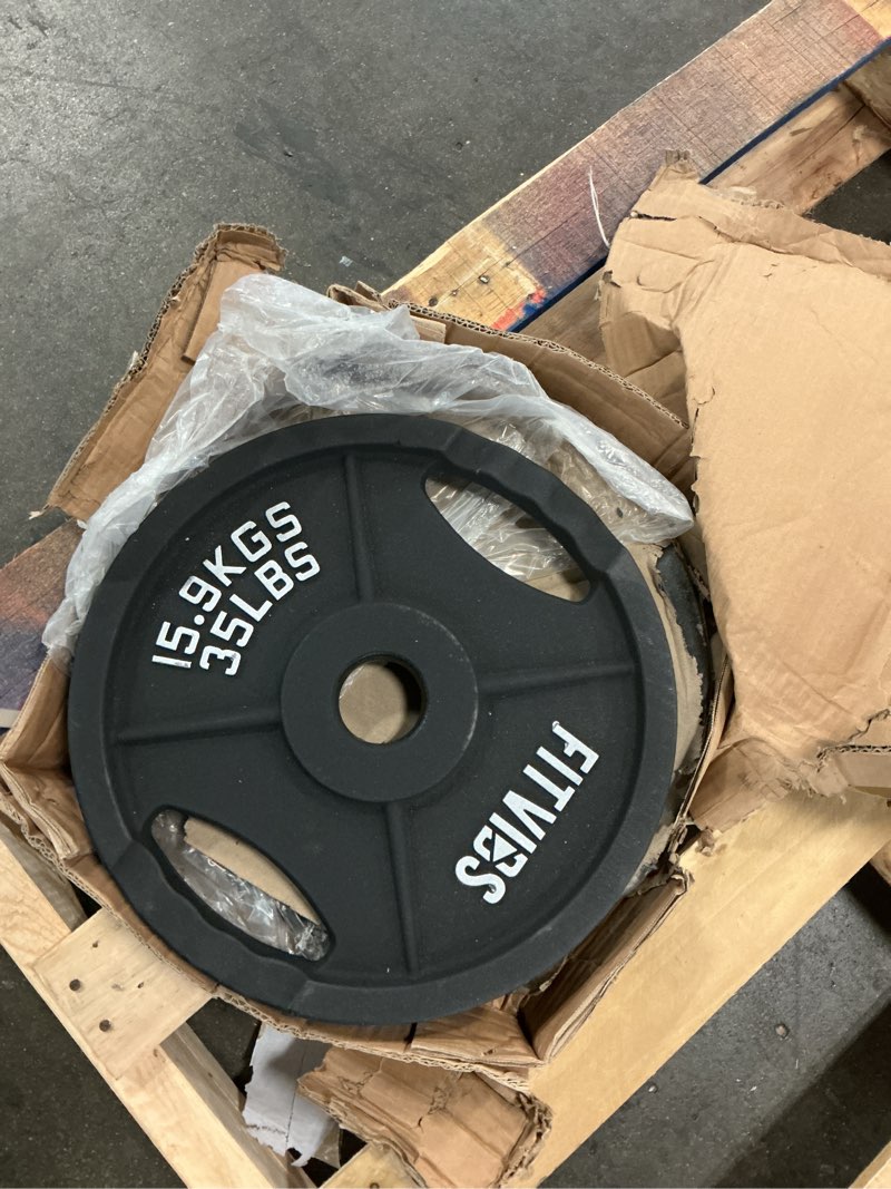 Condition photo showing Good Condition for fitvids olympic 2-inch cast iron plate weight plate for strength training and weightlifting, two hole style, 35lbs pair