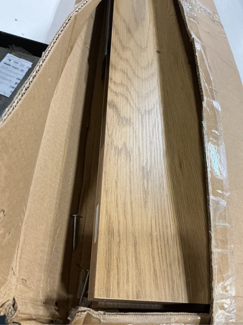 Condition photo showing As Is for 55 inch floating shelves for wall set of 2, 8"d wood grain bathroom shelves with invisible brackets, easy install engineered wood storage shelves for kitchen, living room, bedroom, oak finish natural oak finish 55"wx8"dx1.2"h, 2pack