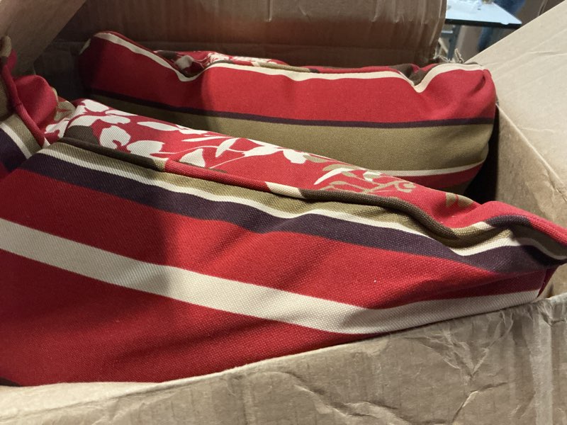 Condition photo showing Good Condition for pillow perfect reversible floral stripe indoor/outdoor accent throw pillow, plush fill, weather, and fade resistant, large lumbar - 16.5" x 24.5", brown/red monserrat, 2 count