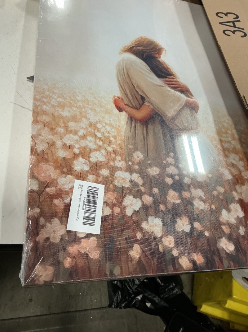 Condition photo showing New/Like New for Myzoran Jesus Hugging Girl Canvas Wall Art, Safe in His Arms Pictures, Jesus Embracing Woman Painting Artwork, Christian Healing Wall Decor, Christian Religious Prints for Church Living Room 16"x24" hugs woman 16w''x24L''Wrapped Canvas