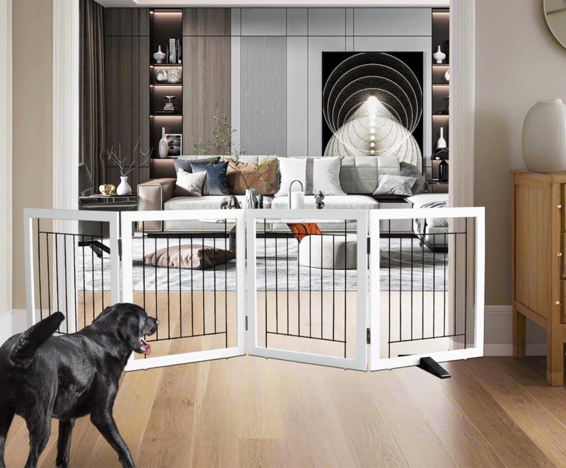 zjsf freestanding dog gate indoor, foldable dog fence for doorways,hallways or stairs, sturdy wood extra wide pet gate with support feet,white,24 "height-4 panels