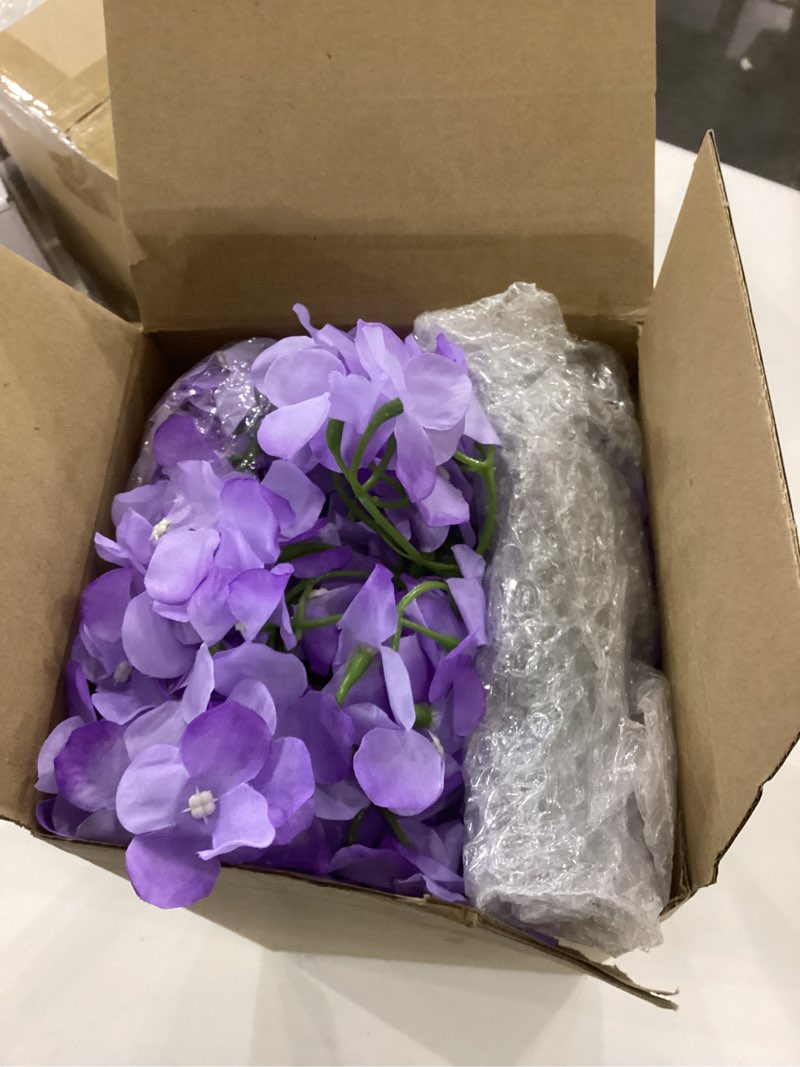 Condition photo showing As Is for Tigeen 50 Pcs Hydrangea Artificial Flowers Bulk 7.48 Inch Artificial Hydrangeas with Removable Stems Faux Flowers Wedding Decor for Home Garden Party Decoration DIY Project (Purple) Purple 50