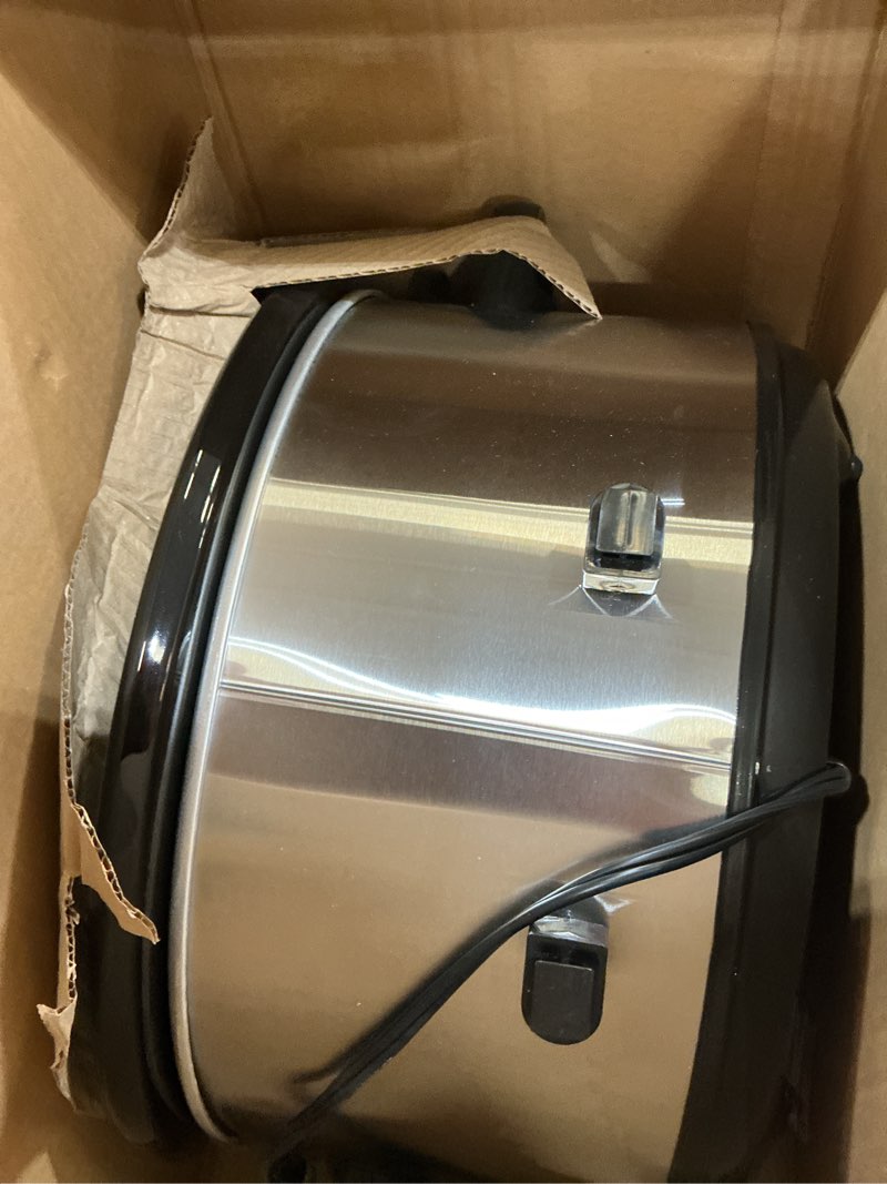 Condition photo showing As Is for crock-pot 7-quart slow cooker, portable programmable with timer, locking lid, stainless steel; an essential kitchen appliance, perfect for families and gatherings
