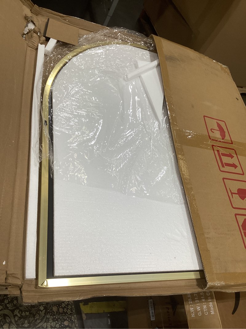 Condition photo showing As Is for amoise arched mirror for bathroom, 32"x30" gold vanity bathroom mirror for over sink, metal framed with hd shatter-proof glass for entryway, living room,bedroom gold 32"l x 30"w 1