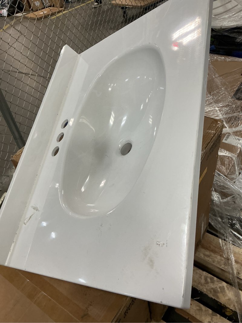 Condition photo showing As Is for design house 19-in x 17-in solid white cultured marble single sink 4-in centerset faucet mount