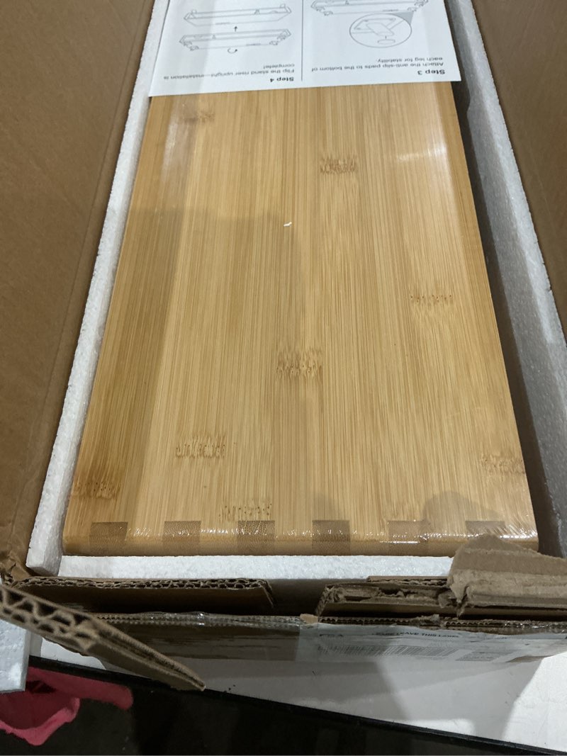 Condition photo showing Good Condition for bamboo monitor stand riser with drawer, ergonomic computer riser for desk with cable management & storage organizer, wood monitor stand for home office