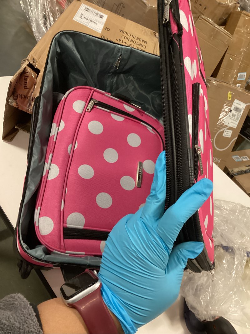 Condition photo showing New/Like New for Rockland Fashion Softside Upright Luggage Set, Expandable, Pink Dots, 2-Piece (14/19) 2-Piece Set (14/19) Pink Dots