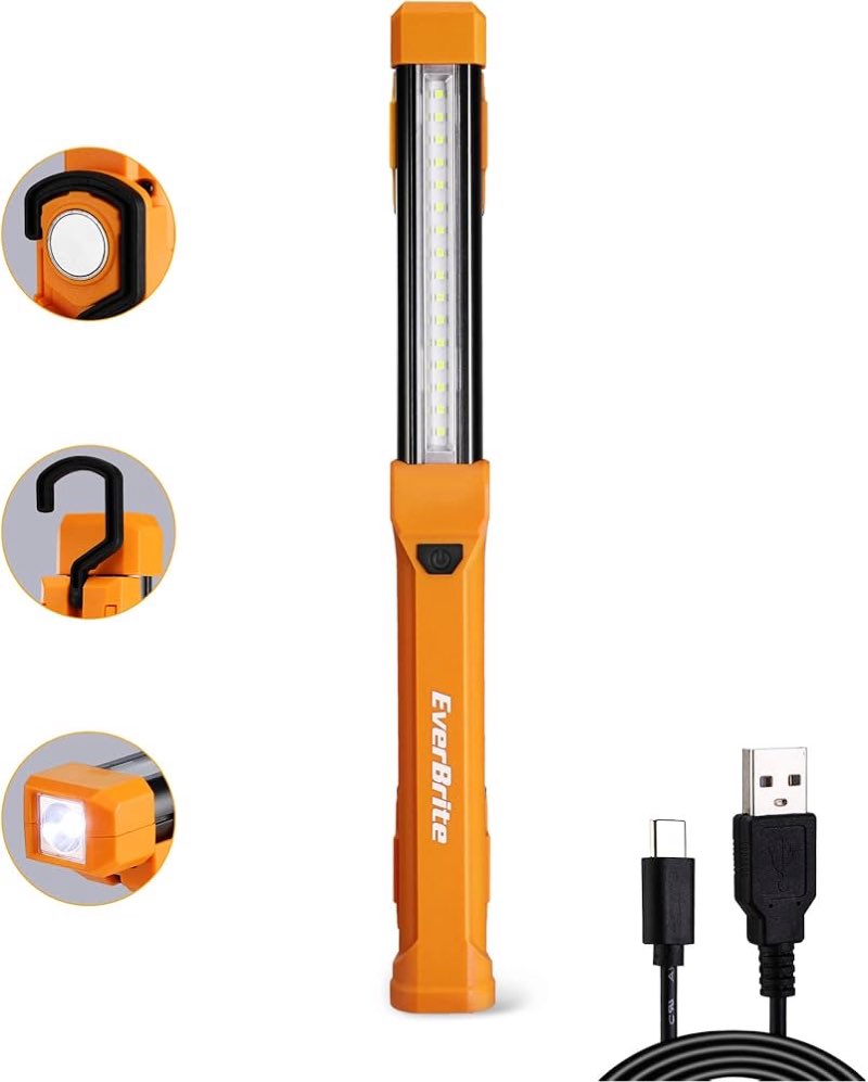 everbrite 1000lm led work light, rechargeable work light for mechanics with dual magnetic bases&hanging hooks, 4 lighting modes, usb c cable, for car repairing, working, and hurricane, pack of 1