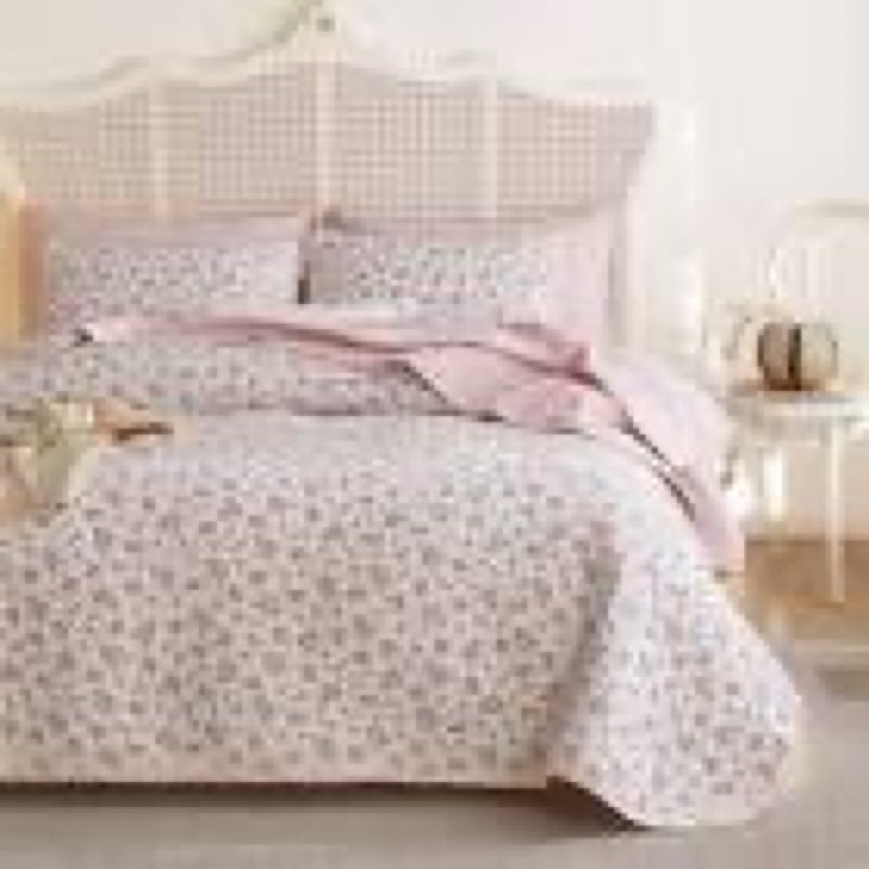 Full/Queen Size Quilt Set Pink Floral Quilted Bedspread Coverlet Set 3-Piece Cottagecore Shabby Chic