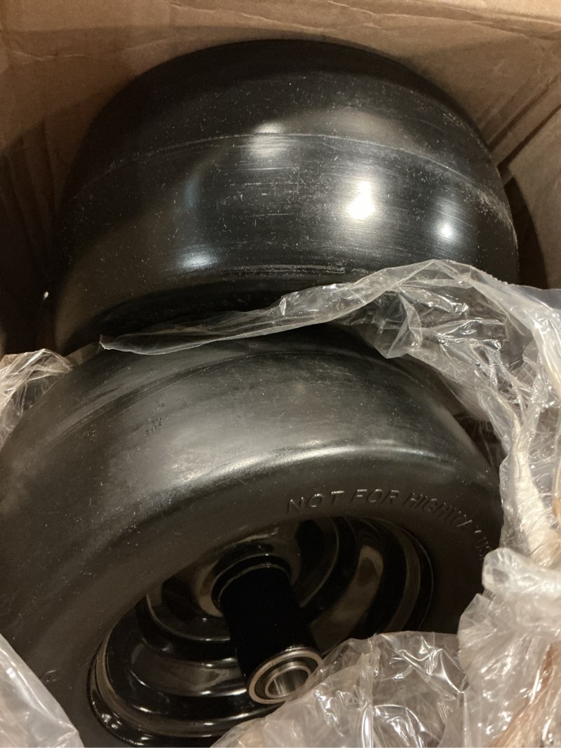 Condition photo showing Good Condition for ronpow 11x6.00-5 flat free lawn mower tire and wheel, 11x6x5 solid front tires for zero turn mower, 400lbs load, 3/4", 5/8" and 1/2" bearings, 5.31"-7.71" hub for residential commercial, 2pack black