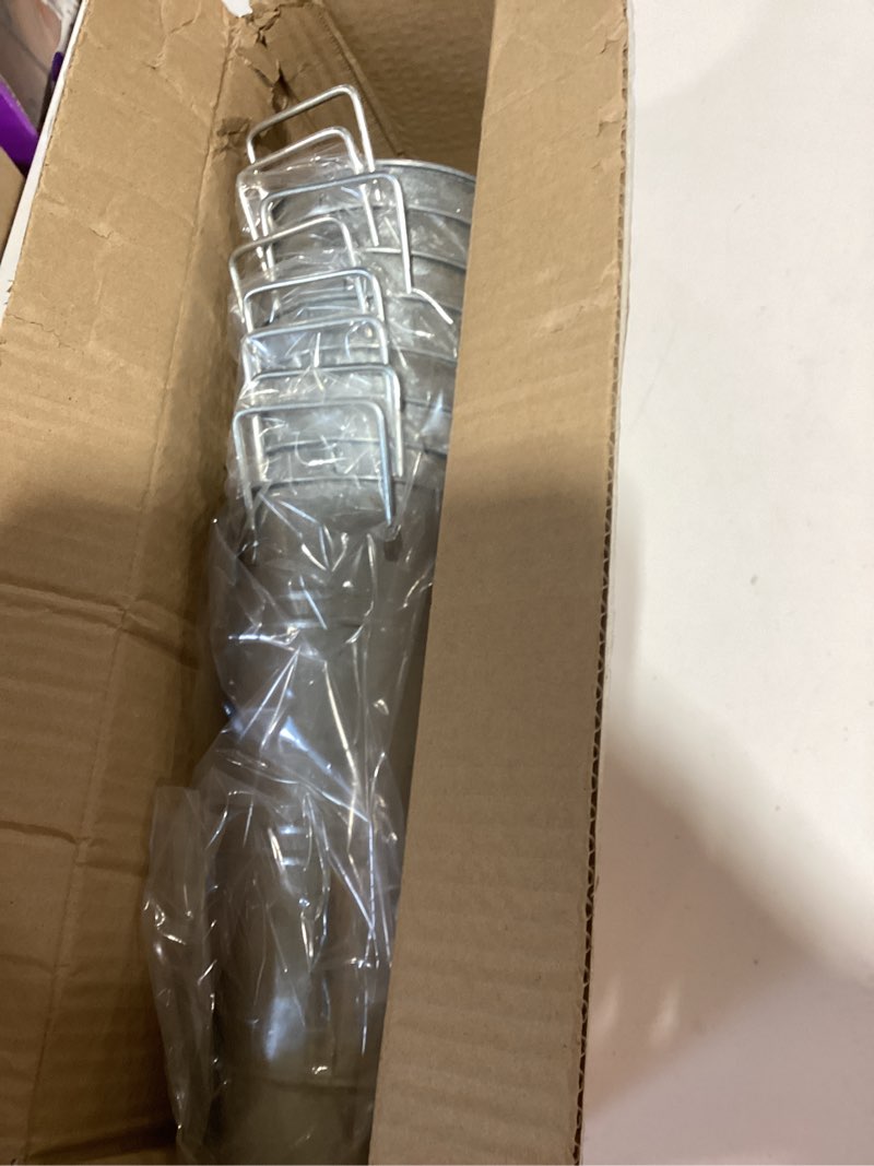 Condition photo showing New/Like New for 9 inch galvanized metal vases farmhouse french flower bucket vases for cut flowers, 8 pcs farmhouse decorative tall flower bucket with handles for table weddings home decor (silver, 8 pcs 9inch) silver 8 pcs 9inch