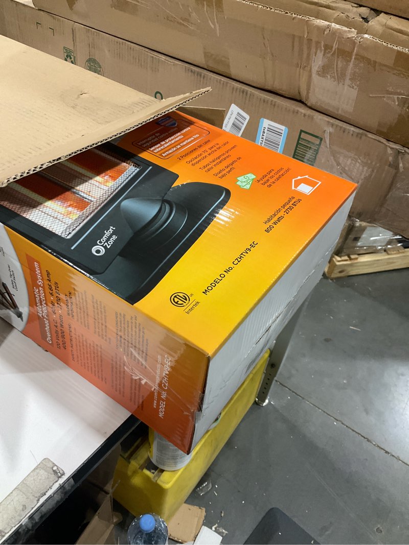 Condition photo showing Good Condition for Comfort Zone Oscillating Portable Space Heater, Flat Panel, Halogen, Infrared, Electric, Adjustable Tilt, Overheat Sensor, Stay-Cool, & Tip-Over Switch, Ideal for Home, Bedroom, & Office, 800W, CZHTV9