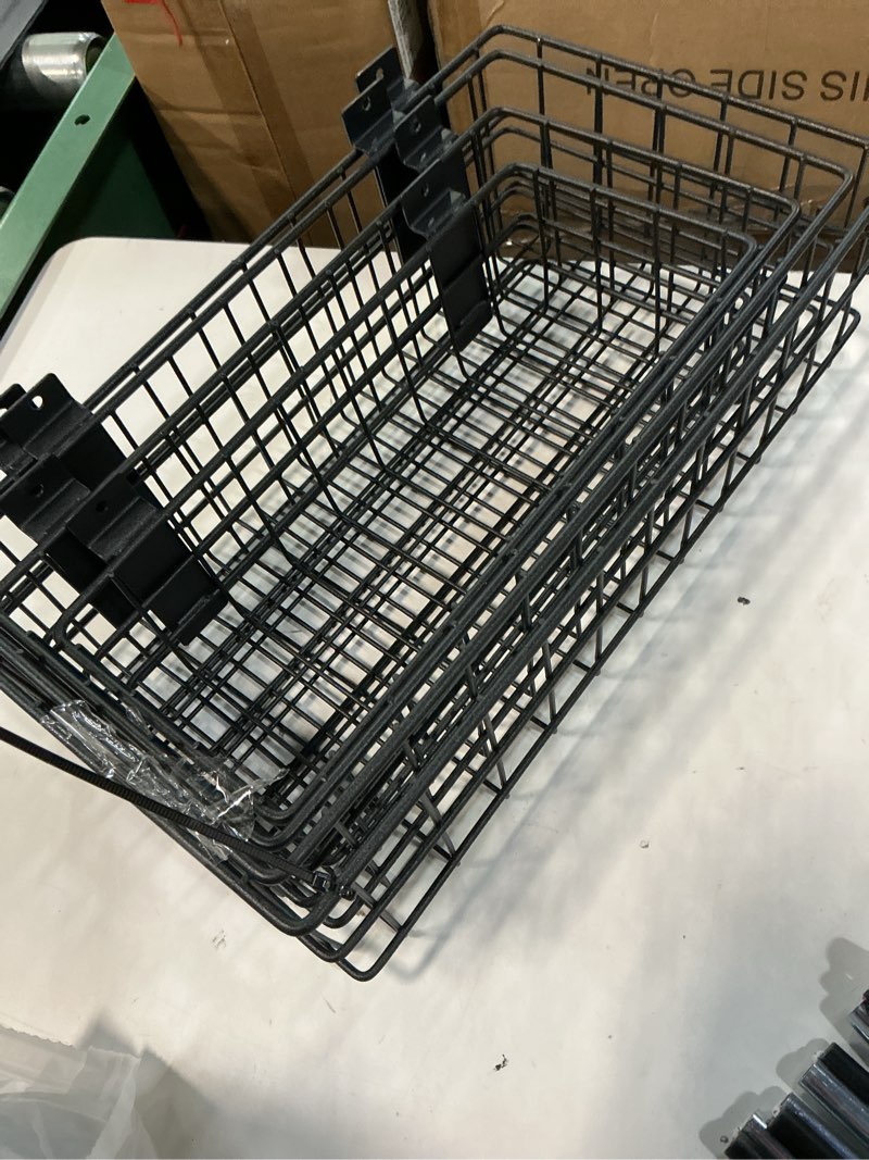 Condition photo showing As Is for incly 4 pack black slatwall baskets set, ventilated metal hanging storage slat wall basket, mounted slatwall accessories for garage rooms shops storage organizing display on slatwall panels