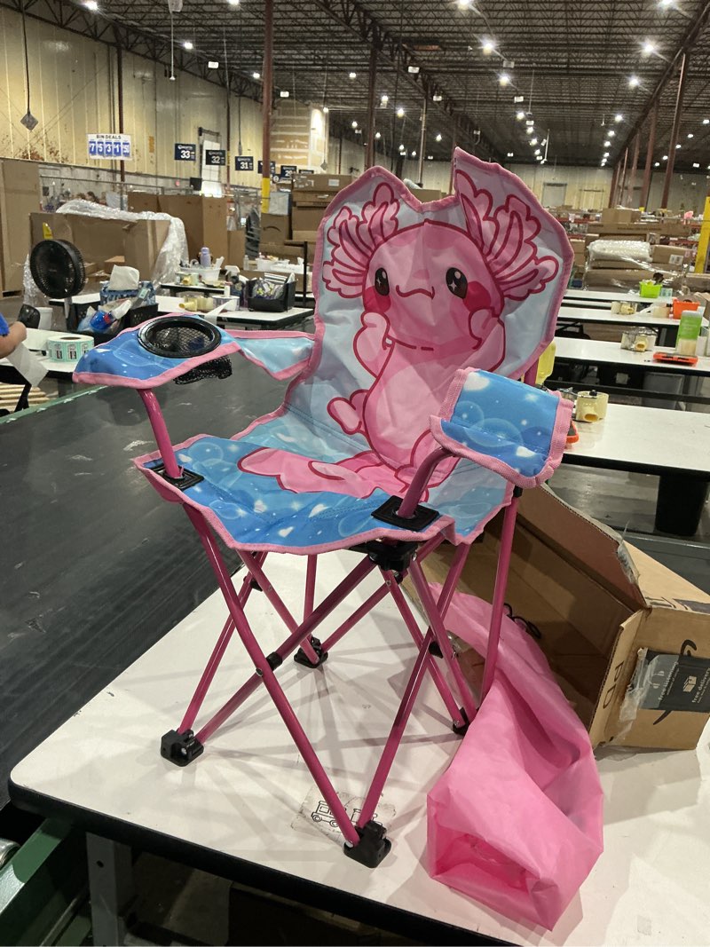 Condition photo showing As Is for children's camping chair with axolotl design, outdoor children's chair, with drink holder, portable folding chair, children's garden chair, strong and stable, for picnic