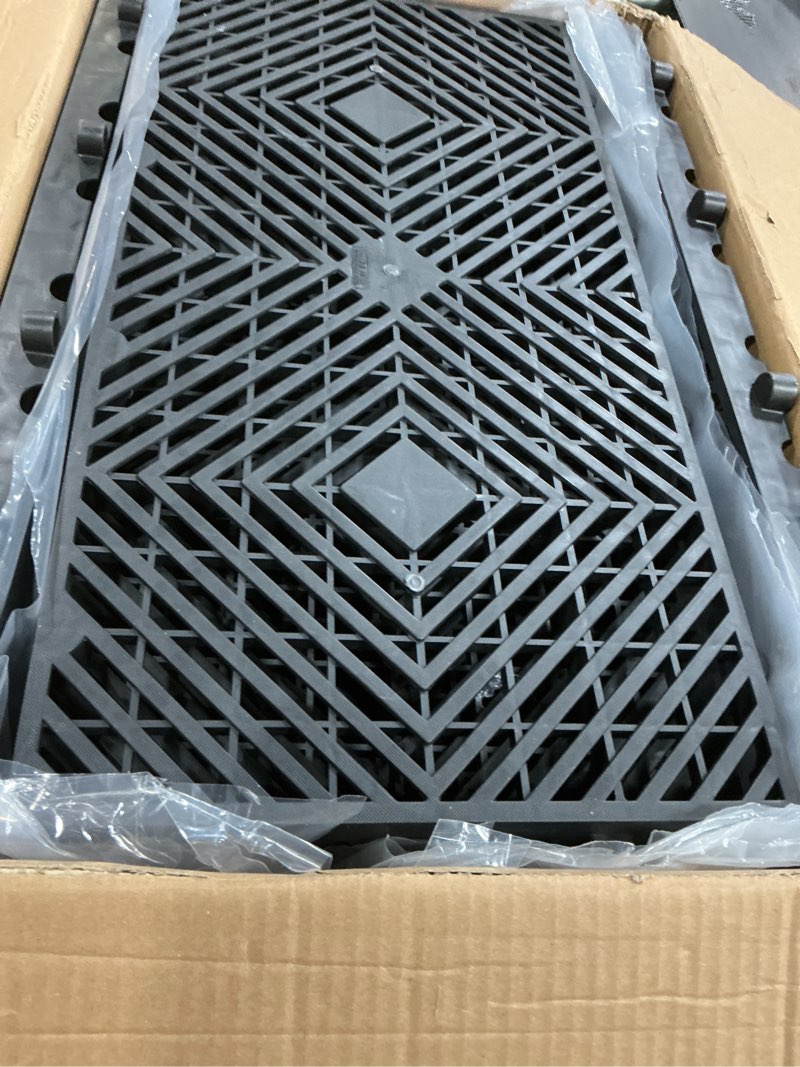 Condition photo showing Good Condition for 12 Pcs Plastic Pallets 23.6 x 11.8 x 1.18 Lightweight Moisture-Proof Waterproof Floor Pallet Breathable Grid Ventilation Storage Pad for Garages, Kitchen, Basement, Attic