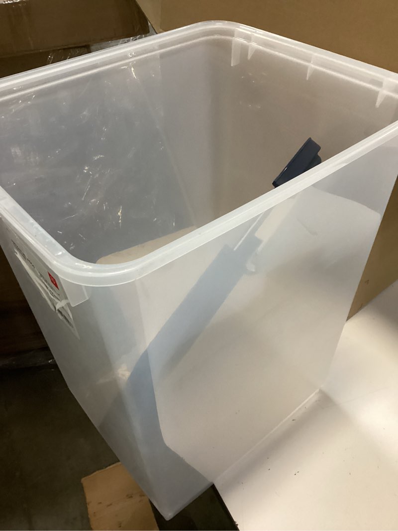 Condition photo showing As Is for IRIS USA 54 Lbs / 69 Qt WeatherPro Airtight Pet Food Storage Container with Attachable Casters  For Dog Cat Bird and Other Pet Food Storage Bin  Keep Fresh  Translucent Body  Easy Mobility  Navy