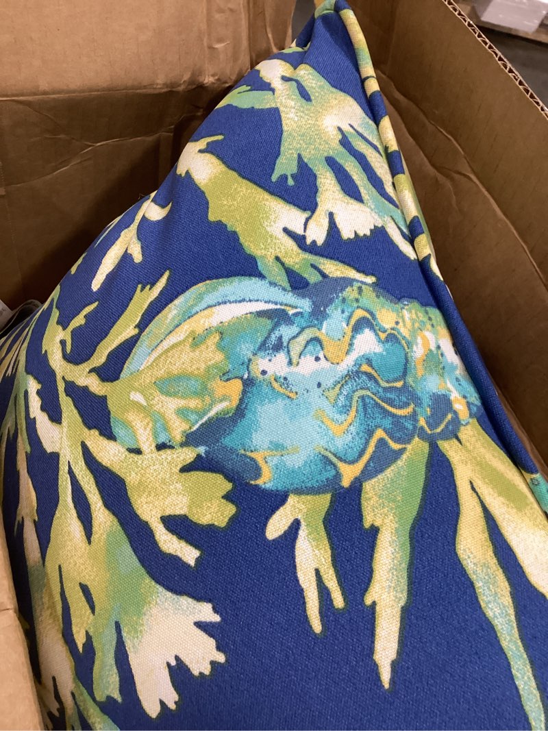 Condition photo showing As Is for pillow perfect outdoor/indoor throw pillows, accent - 16.5" x 16.5", blue daytrip pacific 2 count accent - 16.5" x 16.5" blue daytrip pacific