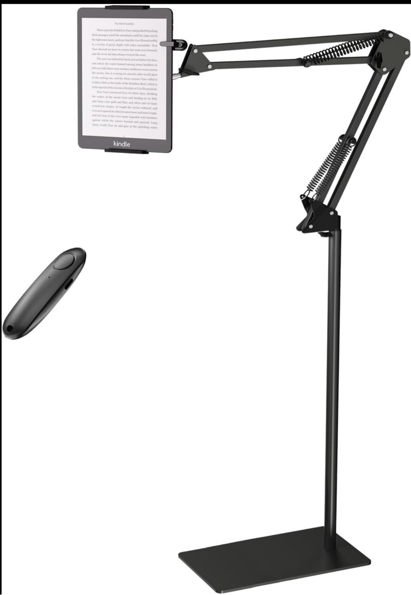 Floor Kindle Stand Holder with Remote Page Turner, Bed Holder with Clicker for Reading, Kindle Accessories for 4.7-11.9 inch Devices Black