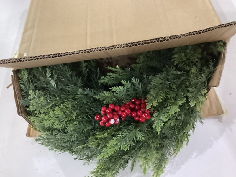 Condition photo showing New/Like New for 24" Artificial Christmas Cedar Wreath with Red Berries Real Touch Garland Decorations Pine Needle Hanging Ornament for Xmas Front Door Windows Walls Outdoor Indoor (A)