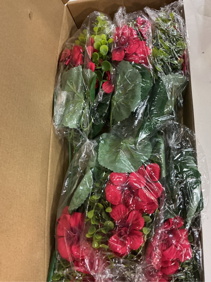 Condition photo showing New/Like New for artificial geranium flowers for outdoor decoration, 6 bundles uv resistant silk geranium fake plants faux flowers for front porch garden patio window box outside indoor decor (red)