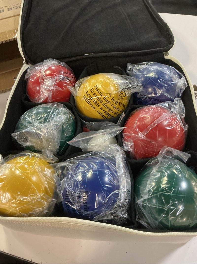 Condition photo showing New/Like New for ropoda 107mm bocce ball set regulation size and weight with 8 resin bocce balls, resin bocci balls for professional tournament competition, 60mm pallino, nine-grid shockproof carrying bag(2-8 players)