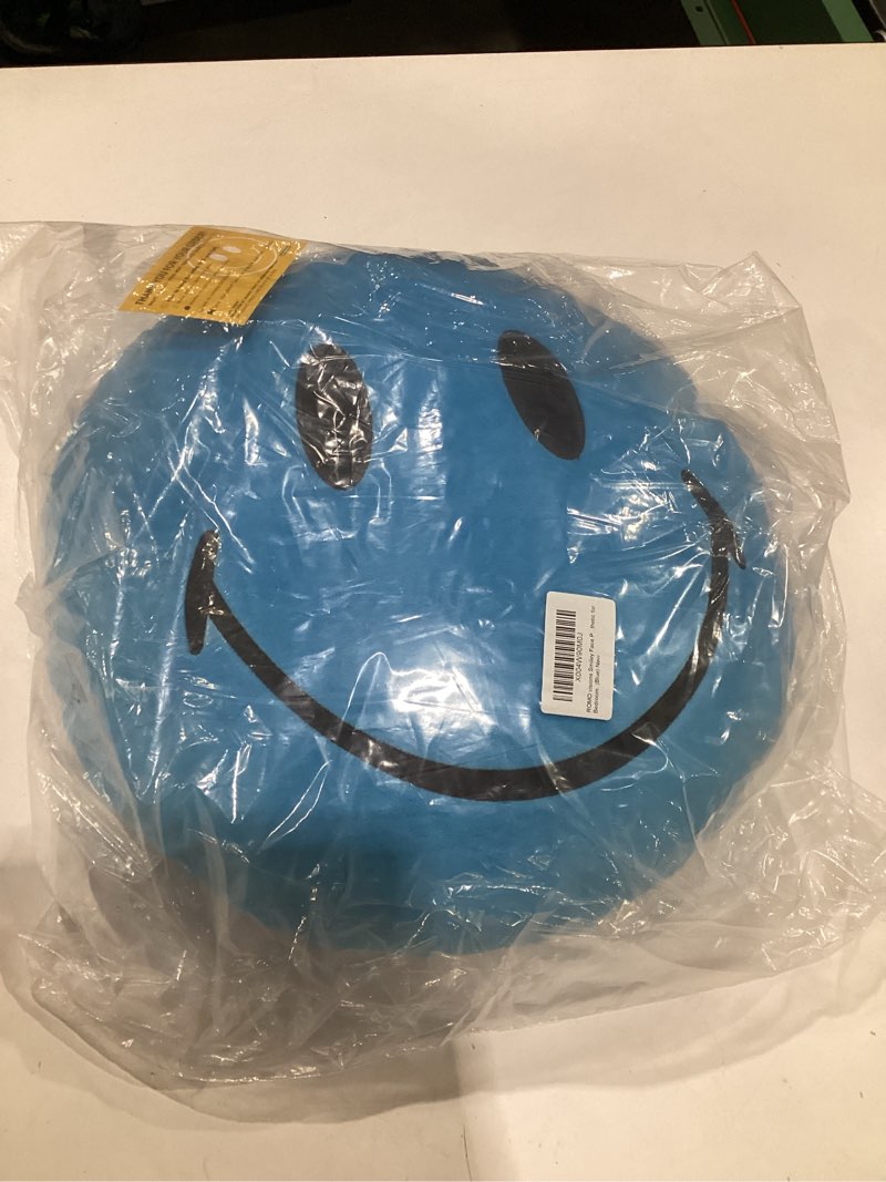 Condition photo showing New/Like New for Smiley Face Pillow - Cute Plush for Fun Bedroom Decor - 16\" X 16\" Soft Cotton Cool Kids' Throw Pillows with Inserts Included - Birthday Gift - Room Decor Aesthetic for Bedroom. (Blue) , SIMILAR TO STOCK PHOTOS