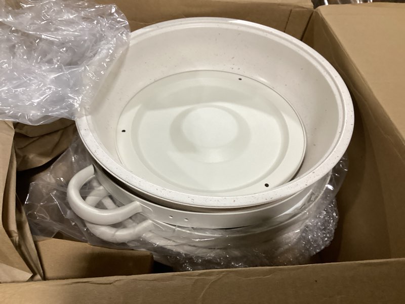 Condition photo showing Good Condition for MACONE Maifanite-Coated Chafing Dishes for Buffet of 2, White Chafing Dish Buffet Set, 5.3QT Stainless Steel Chafer Set, Roll Edge Food Warmers for Parties, Wedding, Birthday, Church Events, Catering 2-Pack Maifanite Coating